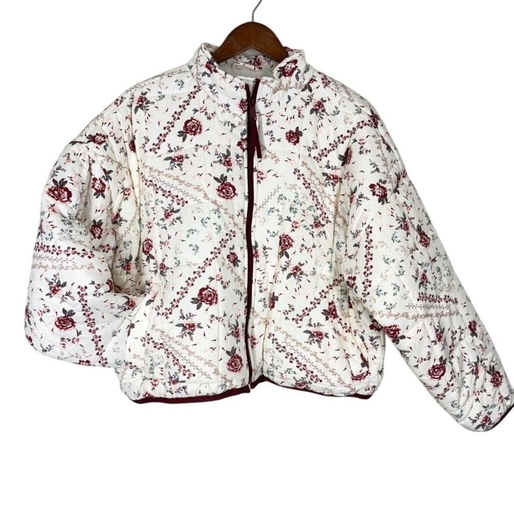 Mark Edwards Womens Floral Puffer Jacket Size XL White Quilted Zip Up Coquette